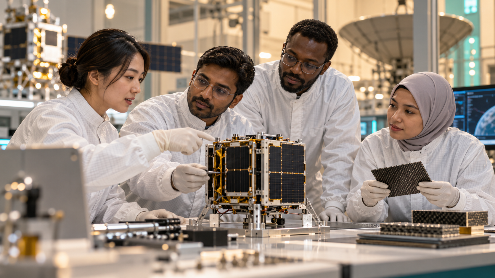 Artist impression of multinational professionals in space