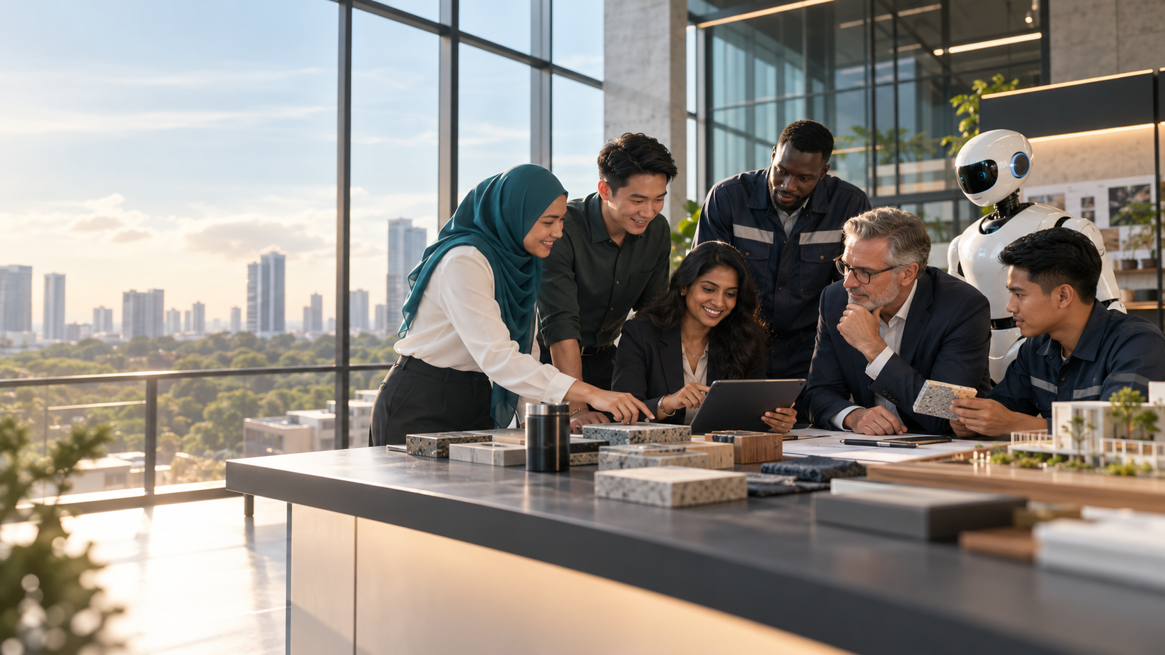 Artist impression of a multinational professional team working with a humanoid robot