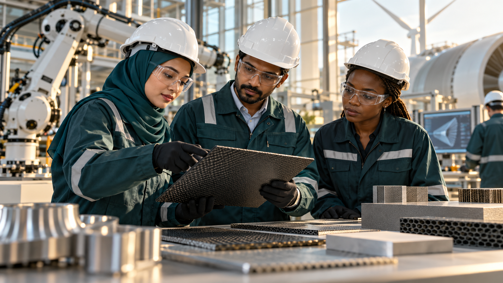 Multinational engineering team examining advanced materials